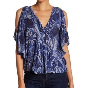 Free People blue faux wrap cold shoulder flutter sleeve top